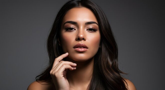 A beautiful hispanic woman with long hair and glamorous makeup posing in a studio closeup