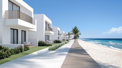 Modern Beachfront Villas with White Facades and Lush Greenery in a Tropical Paradise
