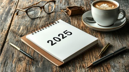 Notepad With 2025 Written On It Beside Coffee Cup And Glasses On Wooden Table
