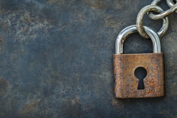 Rusty padlock on a weathered metal surface close-up shot