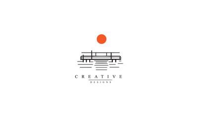 docks with sunset line outline simple logo vector black icon illustration 