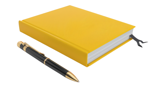 Open yellow book with a pen beside it 3D render icon on a white background isolated