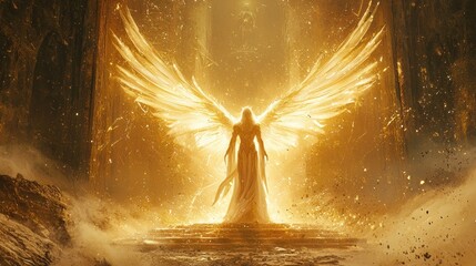 Radiant Angelic Figure with Majestic Wings in Golden Light