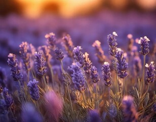 blurred field of lavender flowers at sunset, with a warm golden glow and soft purple hues filling the background
