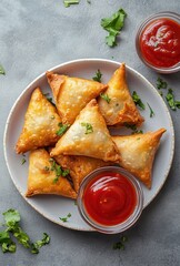 Crispy Golden Samosas Stuffed with Spices and Served with Tangy Red Sauce on a Gray Background