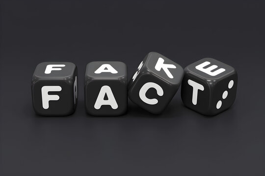 Fake vs Fact Dice Concept &ndash; Black Cubes with Contrasting Words Representing Misinformation, Truth, Fake News, Media Literacy, Social Influence, Journalism Ethics, and Critical Thinking