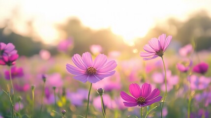 Fototapeta premium Beautiful Cosmos Flowers in a Sunlit Field at Dusk