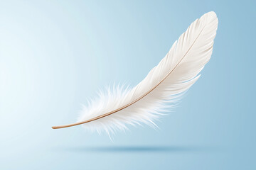 Obraz premium Soft white feather gently floating against pastel blue background in tranquil and serene setting