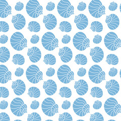 Seamless Nautical Pattern with Hand-Drawn Seashells, Sea creatures background, vector, pastel blue colors