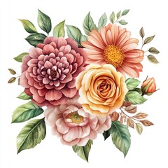 Beautiful Watercolor Flower Bouquet with Rose, Chrysanthemum, Daisy, Pink Peony, Purple Dahlia, and Autumn Crocus on White Background, Perfect for Wedding Invitation Card Template, Cut Out Floral Arra