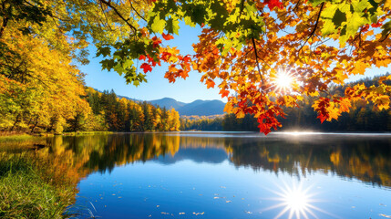 serene lake surrounded by vibrant autumn trees reflecting in water