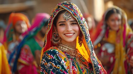 Fototapeta premium Joyful woman in vibrant traditional attire at cultural festival celebration