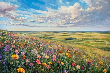 Fototapeta premium Vibrant Wildflower Meadow Summer Landscape Painting Colorful Blooming Flowers Sunny Sky Rolling Hills Scenic Vista Nature Art Beautiful Pastoral Scene