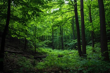 Obraz premium Lush Green Forest Canopy Sunlight Dappled Trees Nature Woods Summer Woodland Peaceful Tranquil Serene Environment Natural Habitat Scenic View Vibrant 