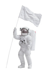Astronaut holding a white flag in a minimalistic setting with a neutral background