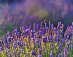 Fototapeta premium blurred field of lavender flowers at sunset, with a warm golden glow and soft purple hues filling the background