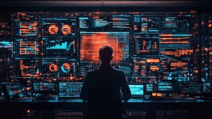 Person Analyzing Data on Digital Screens in a Modern Control Room