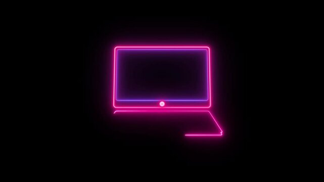 Neon laptop line icon. Glowing neon line Computer network icon glowing logotype animation.