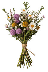 Colorful wildflower bouquet with lavender, daisies, and golden balls wrapped in twine