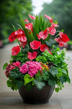 Vibrant Red Anthurium and Pink Hydrangea Flower Arrangement in a Dark Pot
