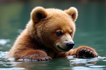 Obraz premium Bear Cub Swimming in Green Water with Fuzzy Fur and Paws