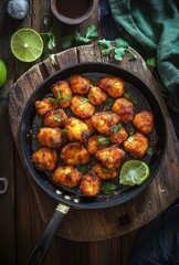 Crispy Golden-Seasoned Fritters with Fresh Herbs and Lime Served in a Black Skillet on a Rustic Wooden Surface