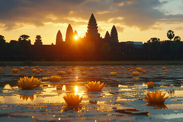 photo of small lotus flowers floating in the water at sunset,