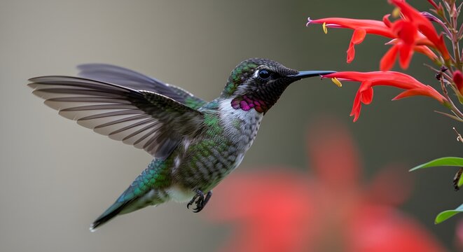 Primer plano de un colibr&iacute; aliment&aacute;ndose de una flor roja