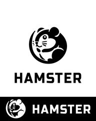 A modern and abstract black and white vector logo of a hamster, featuring a circular design with a stylized rodent illustration