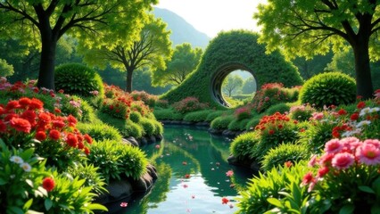 Fototapeta premium idea of transformation and development is depicted through a garden, showcasing harmonious collaboration between human creativity and power of nature to create living masterpieces