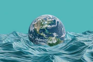 Fototapeta premium A digital rendering of the Earth submerged within ocean waves