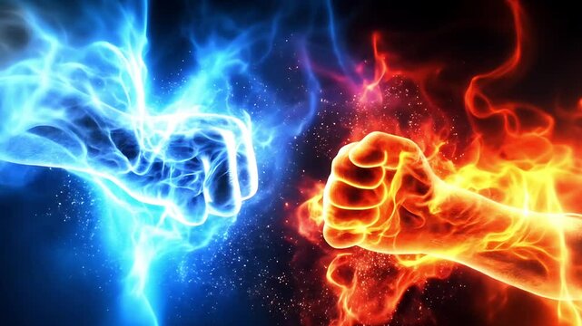 AI-generated shot of two elemental fists one of fire, one of ice colliding in a dramatic clash