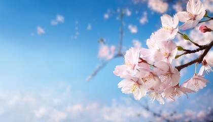 Naklejka premium 青空に桜の枝が一つ配置され、花びらが風に舞う姿が繊細に表現されています。広いコピースペースが穏やかさと清涼感を引き立てるデザイン。 青空に桜の枝が一つ配置され、花びらが風に舞う姿が繊細に表現されています。広いコピースペースが穏やかさと清涼感を引き立てるデザイン。 