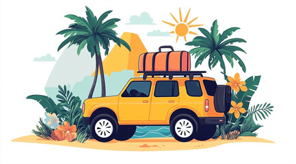 Illustration of a yellow car with luggage on roof driving along a tropical beach with palm trees and the sun