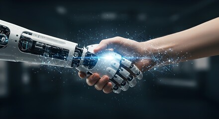 Apret&oacute;n de manos entre humanos y robots de IA: concepto de tecnolog&iacute;a del futuro