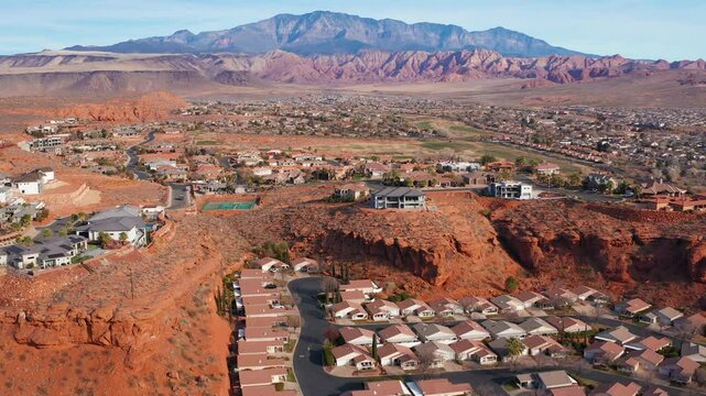 Aerial drone shot of Saint George St George Utah residential suburban homes 19