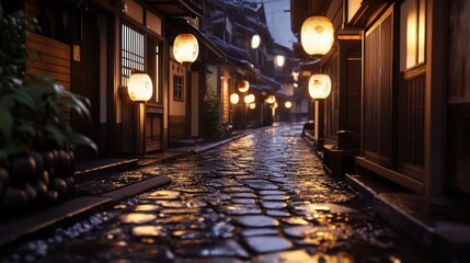 Charming Rainy Night Scene with Warm Lanterns and Cobblestone Pathway