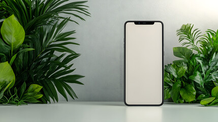 Empty Smartphone Surrounded by Green Plants on a Bright Background