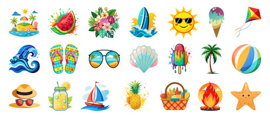 a vibrant collection of summer-themed icons, featuring elements like beaches, fruits, sunshine, and recreational items. The icons are colorful and stylized, evoking a cheerful and summery atmosphere.