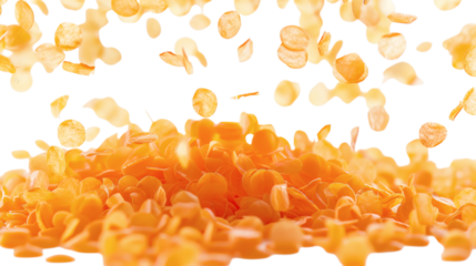 Orange confetti flying mid-air on a white background isolated