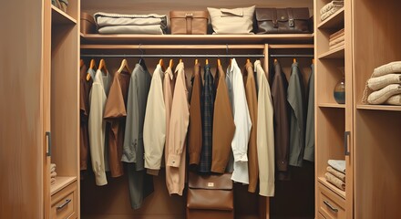 Well-organized, spacious walk-in closet with clothes and shoes.