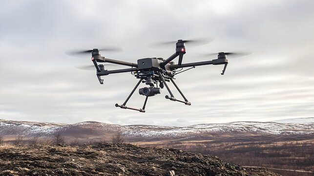 Drone flying high above majestic mountain peaks capturing stunning aerial imagery for landscape monitoring and research