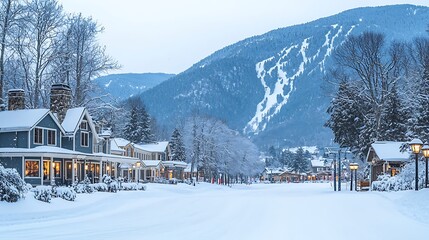 Naklejka premium Snowy Town Street at Winter Dusk, Mountains View