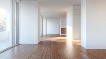 Minimalist living room with white walls and wood floor, embodying simplicity and modern elegance.