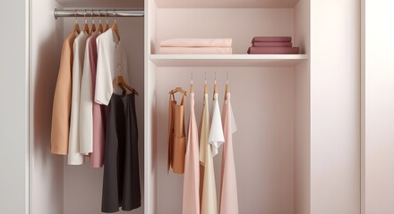 Well-organized, spacious walk-in closet with clothes and shoes.
