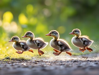 Obraz premium Three energetic ducks running in a line with fluffy feathers and playful spirits against a bright background