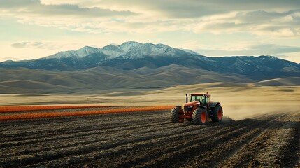 Obraz premium Powerful tractor plowing rich soil in a fertile field, demonstrating the heart of agricultural innovation and farming