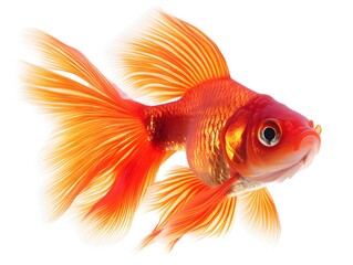 A vibrant goldfish swimming gracefully isolated on a pure white background showcasing its elegance and colorful fins