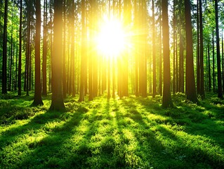 Obraz premium Sunburst in Lush Green Forest.