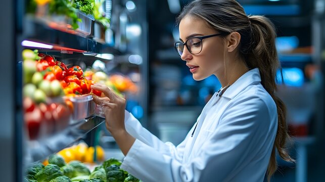 Woman engaged in healthy lifestyle by tracking food choices while observing contents of refrigerator in kitchen